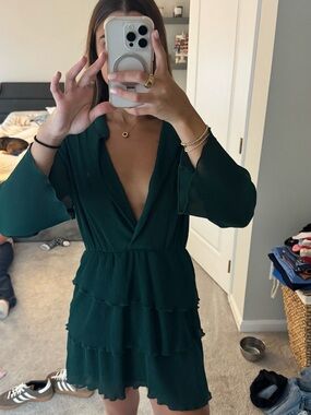 Zara Dark Green Pleated Tiered Mini Dress